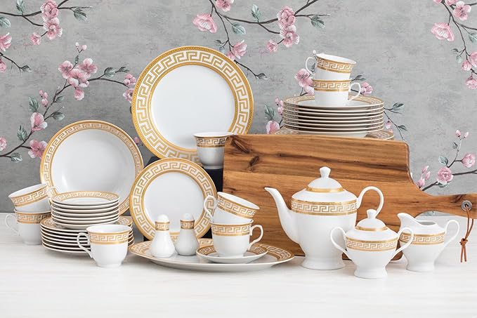 Vintage Dinnerware Set for 8-57 Piece Porcelain Dining Set - Gorgeous White and Gold Greek Key Design - Plates, Bowls, Cups and Saucers - For Everyday Use and Special Events (Meander Gold 2057)
