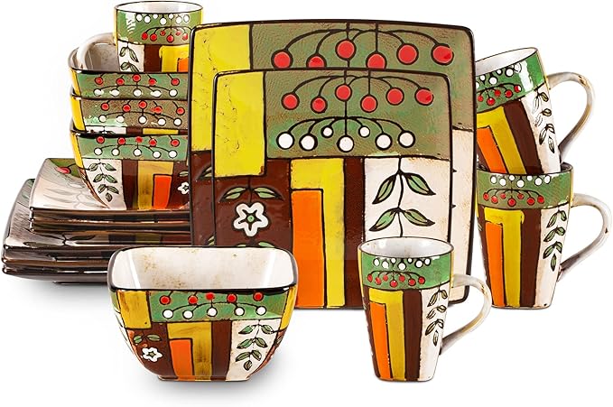 Stoneware Artisan Hand Painted Spring Garden, 16pc Reactive Glaze Dinnerware Set