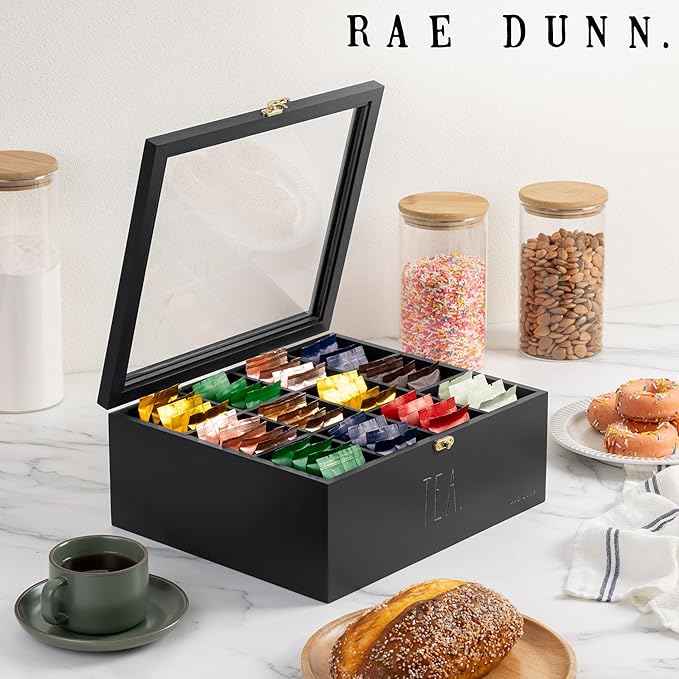 Rae Dunn Tea Bag Organizer - Tea Box Divided Storage Container Box with Hinge Lid for Kitchen Cabinet, Countertop, Pantry, Hold Coffee Pods, Seasoning Packets, Condiments, Black