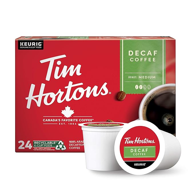 Tim Hortons Decaf, Medium Roast Coffee, Single-Serve K-Cup Pods Compatible with Keurig Brewers, 24ct K-Cups