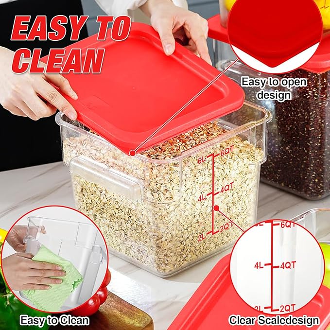 Airtight Square Food Storage Containers with Lids 4-Pack, Lock-Tight Seal for Flour, Sugar, Cereal, Keep Food Fresh, BPA-Free Stackable Kitchen Canisters with Measurements (Red, 6QT-4PACK)