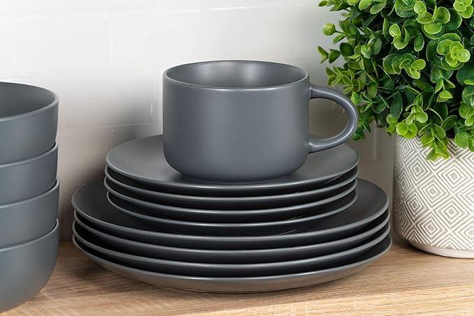 10 Strawberry Street Wazee Matte Coupe Dinnerware Set, 16 pc, Charcoal Gray
