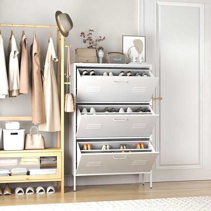 Shoe Storage Cabinet with 3 Flip Drawers, Freestanding Shoe Cabinet Organizer with Metal Frame for Entryway, Hallway, Foyer, White - Space-Saving Slim Design with Anti-Tip Device