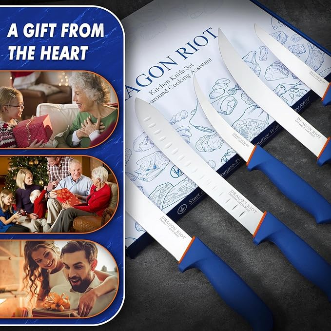 DRAGON RIOT 6 Pcs Butcher Knives Set, Meat Processing Knife Set for Brisket Trimming with German Stainless Steel and Blue Non-slip Handle Gift for Men
