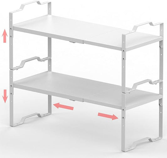 Expandable Shelf for Cabinet Organizer Adjustable Stackable Spice Rack at Kitchen and Bathroom More, Counter Countertop Cupboard Organization Pantry Storage(MEDIUM/2PACKS/WHITE)