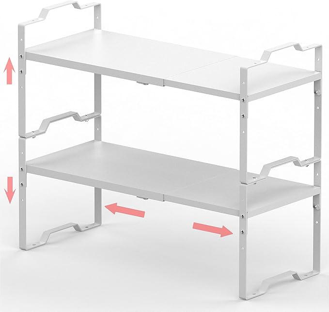 Expandable Shelf for Cabinet Organizer Adjustable Stackable Spice Rack at Kitchen and Bathroom More, Counter Countertop Cupboard Organization Pantry Storage(LARGE/2PACKS/WHITE)