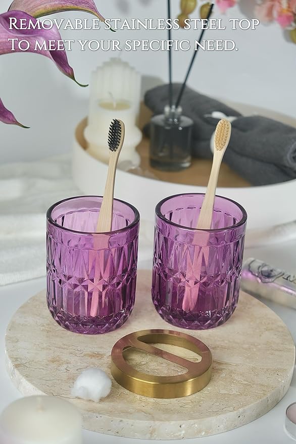 Purple Bathroom Accessories Set, 5Pcs Clear Glass Bathroom Accessories, Soap Dispenser, Toothbrush Holder Set, Soap Dish, Qtip Holder, Tumbler for Vintage Crystal Bath Decor (Violet)