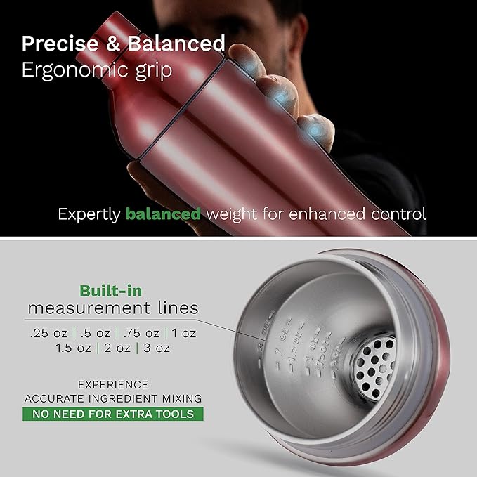 The Mixologer Cocktail Shaker & Tumbler | 19 oz Stainless Steel Drink Mixer with Built-in Measurements, Leak-Proof Design & Vacuum Insulation | Ideal to Mix Whiskey, Cocktails & More | Rose Gold