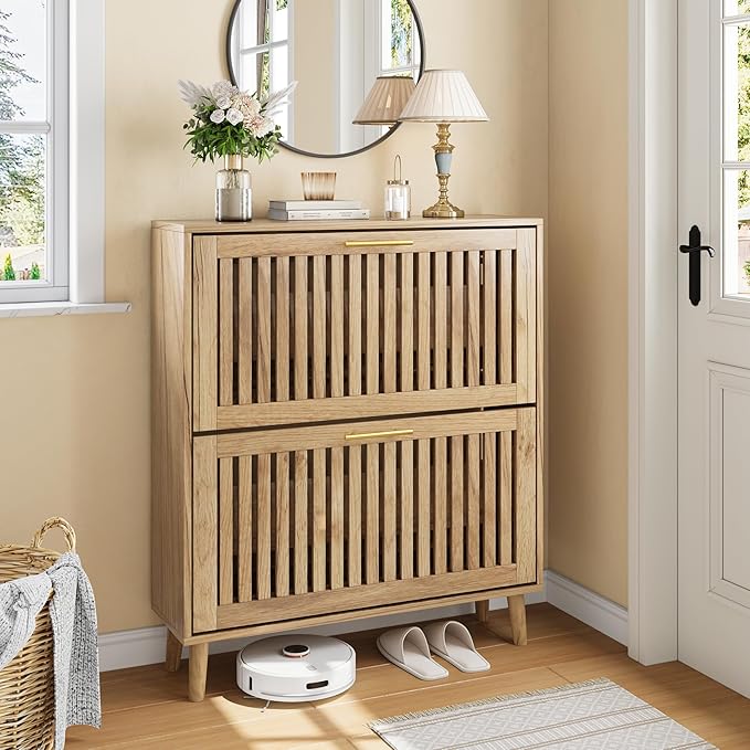 Shoe Storage Cabinet with 2 Flip Slatted Drawers, Narrow Wood Shoe Cabinet with Gold Handle, Hidden Entryway Shoe Organizer for Hallway, Foyer, Natural Oak