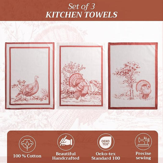 Maison d' Hermine Kitchen Towels Set of 3 100% Cotton 20" x 27.5" Reusable Cloth Tea Dish Towels Absorbent with Hanging Loop for Kitchen Dining Thanksgiving Christmas Decorations (Holy Jouy - Brown)