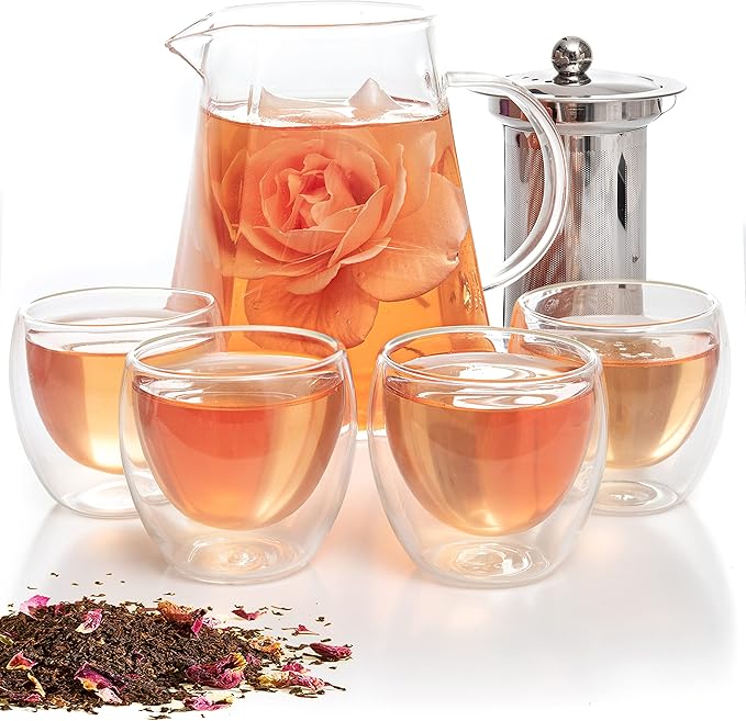 Mixpresso 5 Piece Glass Tea Pot Set, Kettle with Removable Infuser, Clear Glass Teapot 33oz With 4 Double Wall Cups 2.7oz Stovetop Safe Teapot For Loose Leaf Tea, Perfct As Tea Gift Sets.