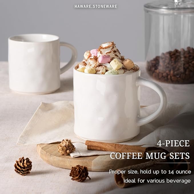 HaWare 14OZ Coffee Mugs Set of 4, Stoneware Coffee Cups with Handle, Latte Mug for Man, Woman, Dad, Mom, Modern Tea Mugs for Latte/Cappuccino/Cocoa/Milk, Dishwasher& Microwave Safe, Multicolor