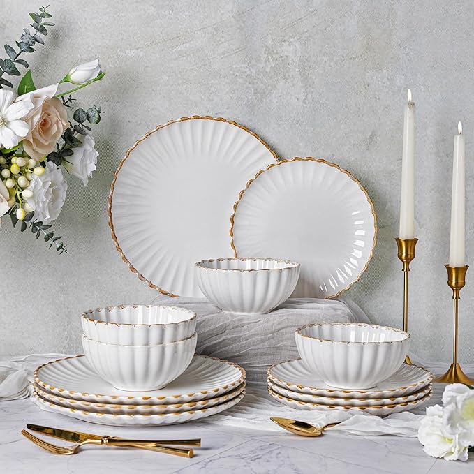 GBHOME Stoneware Dinnerware Sets for 4,Handcrafted Embossed Design Reactive Glaze Ceramic Plates and Bowls, Dishwasher and Microwave Safe, Service for 4(12pcs)