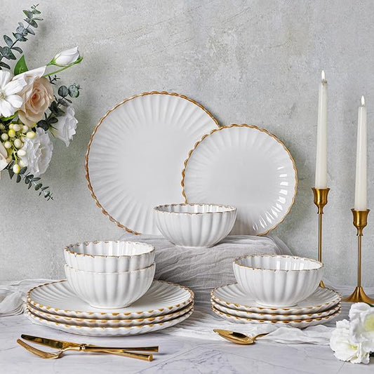 GBHOME Stoneware Dinnerware Sets for 4,Handcrafted Embossed Design Reactive Glaze Ceramic Plates and Bowls, Dishwasher and Microwave Safe, Service for 4(12pcs)