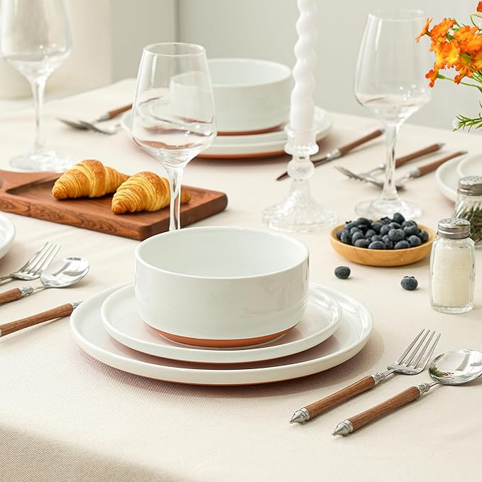 24 Piece Dinnerware Sets for 8, Dual Glaze Stoneware Plates and Bowls Set, Microwave and Dishwasher Safe, Stardust Glaze White