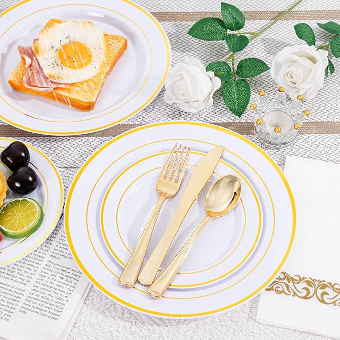 Supernal 800Pcs Gold Plastic Dinnerware Set, White Elegant Plastic Plates, Heavy Duty Disposable Plates Serve 100 Guests Including Dinner & Dessert Plate, Gold Silverware, Cups and Napkins for Wedding