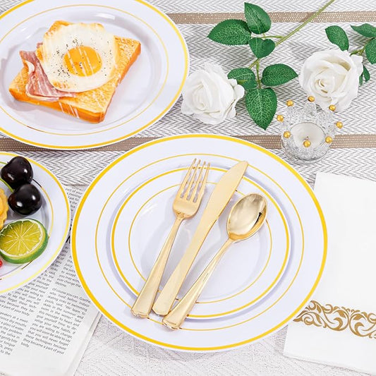 Supernal 800Pcs Gold Plastic Dinnerware Set, White Elegant Plastic Plates, Heavy Duty Disposable Plates Serve 100 Guests Including Dinner & Dessert Plate, Gold Silverware, Cups and Napkins for Wedding