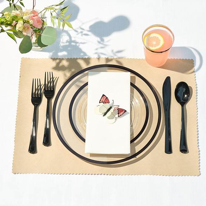 By Madee HEAVYWEIGHT 150 Pcs Clear and Black Party Plates and Utensils Set | Fancy Disposable Dinnerware Set with Gift of 3D Butterflies for Table Decor (150 Pcs 25 Guests)