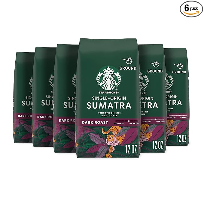 Starbucks Ground Coffee, Dark Roast Coffee, Sumatra, 100% Arabica, 6 bags (12 oz each)