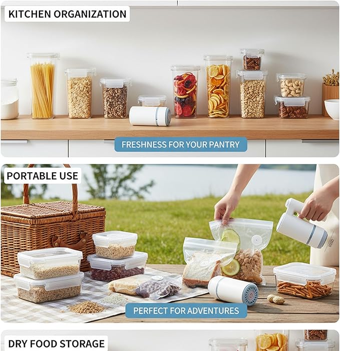 Vacuum Container,Vacuum Seal Containers,4pcs Airtight Food Storage Containers with Lids,4pcs Food Vacuum Bags/ 1pc Automatic Pump,for Kitchen and Pantry Organization (Rectangula)