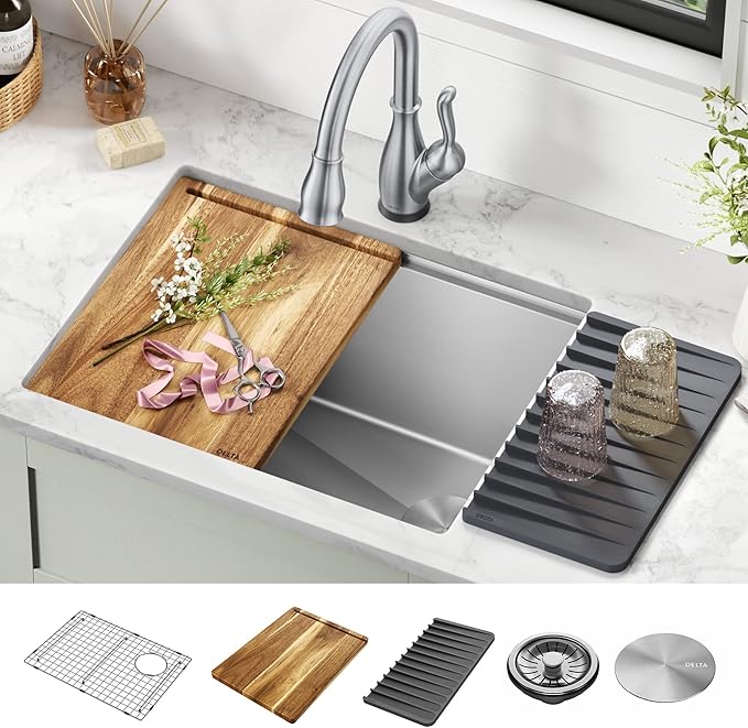 DELTA FAUCET Lorelai 24-inch Workstation Laundry Utility Kitchen Sink Undermount 16 Gauge Stainless Steel Single Bowl with WorkFlow Ledge and a Kit of 5 Accessories, 95B9132-24SL-SS