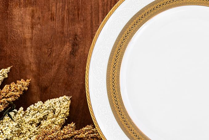 60 Piece Gorgeous Dinnerware Sets – Porcelain Plates, Mugs, Bowls – Elegant Vintage Rope Gold Design Dishware – White and Gold Dish Set for Kitchen Table, Formal Dining or Everyday Use (Rope Gold)