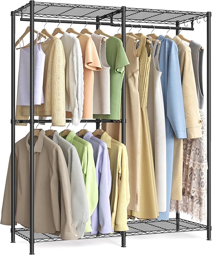 SONGMICS Clothes Rack, Freestanding Wardrobe Closet, Metal Clothing Racks, Heavy-Duty Garment Rack with Adjustable Shelves, Hanging Rods, Dividable, 15.8 x 47.2 x 70.9 Inches, Ink Black ULGR423B01