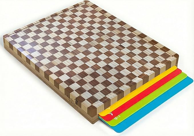 Cutting Boards for Kitchen – Checkered Bamboo Cutting Board Set with 6 Color-Coded Flexible Chopping Mats, Easy Clean Wood and Dishwasher-Safe Plastic, Large 17×12, Knife-Friendly by Cooler Kitchen