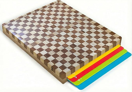Cutting Boards for Kitchen – Checkered Bamboo Cutting Board Set with 6 Color-Coded Flexible Chopping Mats, Easy Clean Wood and Dishwasher-Safe Plastic, Large 17×12, Knife-Friendly by Cooler Kitchen