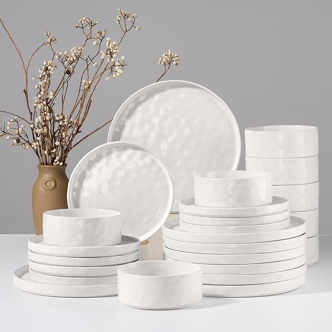 HaWare Dinnerware Sets, 24-Piece Plates and Bowls Set, Stoneware Dish Set for 8, Ceramic Dinnerware for Home Restaurant, Chip and Scratch Resistant, Microwave and Dishwasher Safe, Speckled White