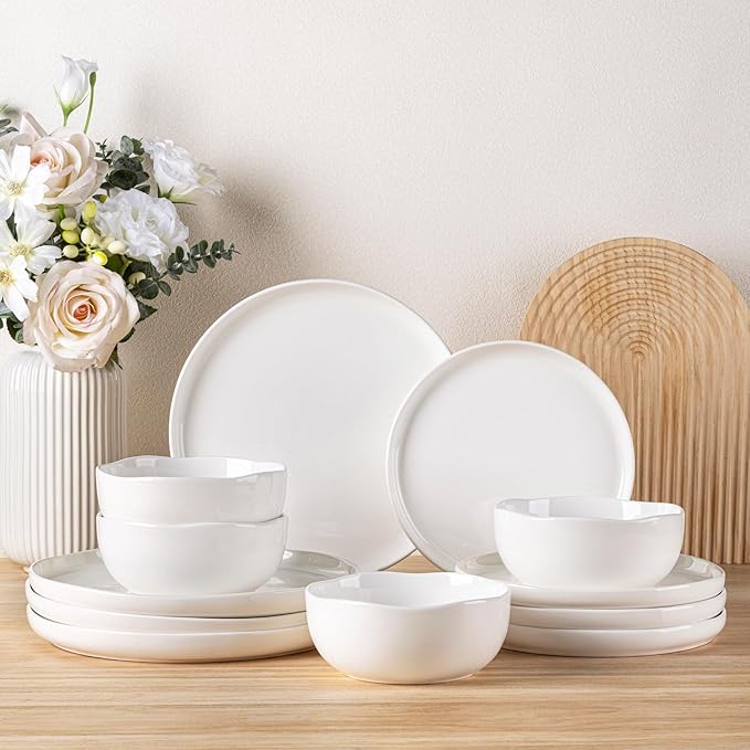 TheTerra Ceramic Dinnerware Sets for 4, 12 Pieces Porcelain Lightweight Plates and Bowls Sets, Scratch Resistant Dish Set, Oven & Microwave & Dishwasher Safe, Bright White