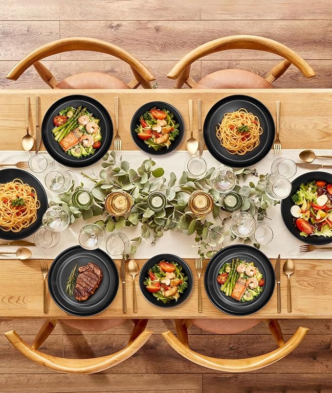 Matte Black Dish Plates and Bowls,16 Pieces Dinnerware Sets, Service for 4 Ceramic Dishware Dishes Set,Microwave and Dishwasher Safe