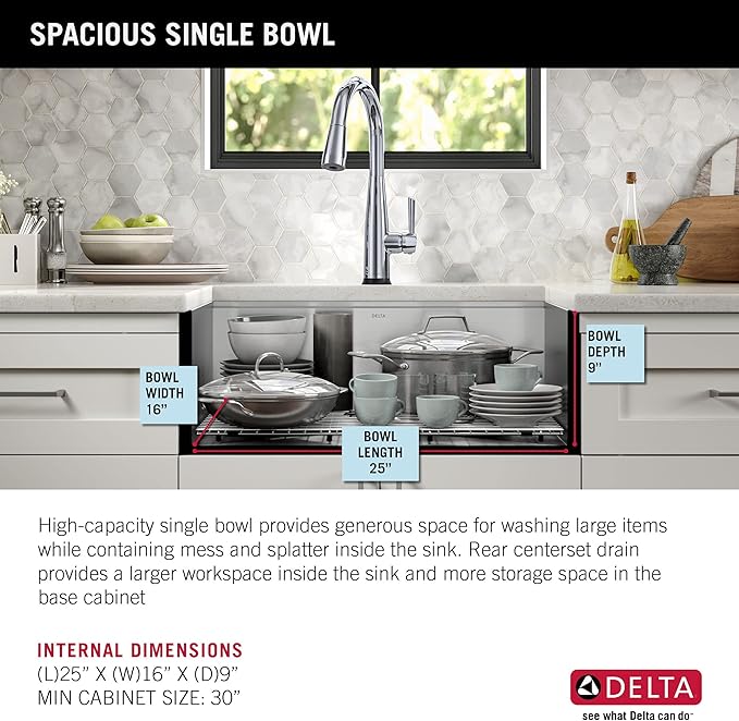 DELTA FAUCET Rivet 27-Inch Workstation Kitchen Sink Undermount 16 Gauge Stainless Steel Single Bowl with WorkFlow Ledge and Chef’s Kit of 6 Accessories, 95B931-27S-SS