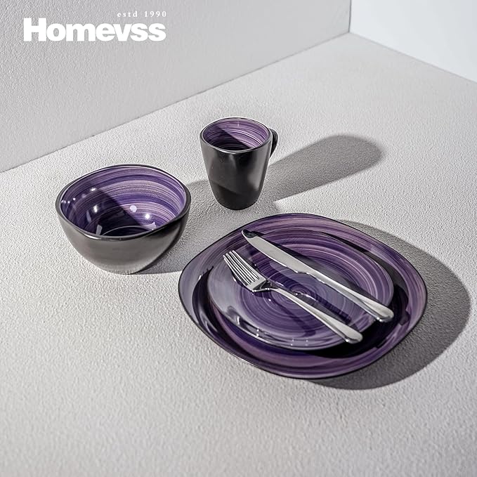 16-Piece Square Dinnerware Set - Serves 4, Inside Spinwash Swirl Purple + Outside Black Plates & Bowls Set | Microwave & Dishwasher Safe