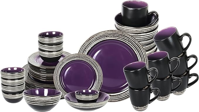 48 Piece Dinnerware Set, Ceramic Plates and Bowls Sets for 8, Microwave and Dishwasher Safe, Handcrafted Tree Bark Series Dish Set, Lavender/Purple