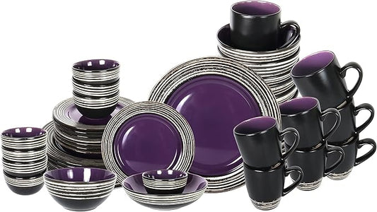 48 Piece Dinnerware Set, Ceramic Plates and Bowls Sets for 8, Microwave and Dishwasher Safe, Handcrafted Tree Bark Series Dish Set, Lavender/Purple
