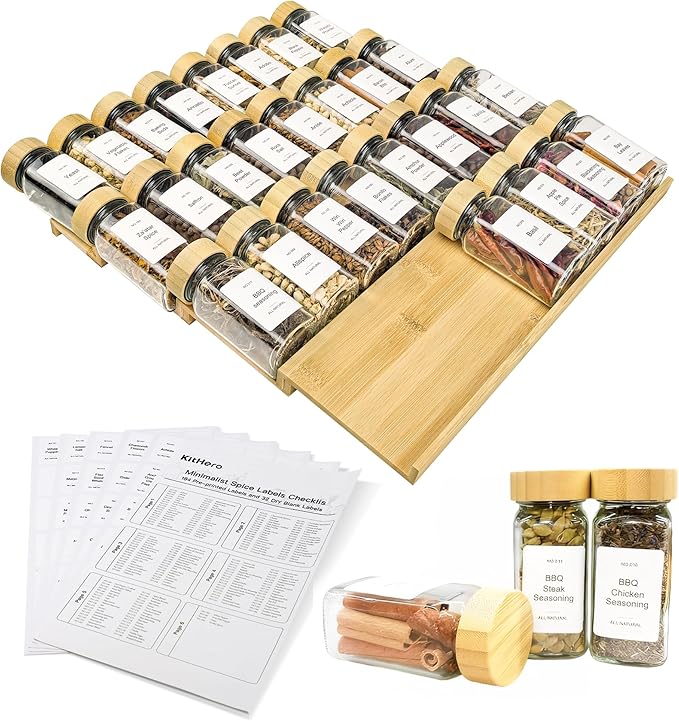 Spice Drawer Organizer with 28 Bamboo-lidded Spice Jars,216 Labels,25 Non-slip Rubber, Bamboo 4 Tier Seasoning Rack Tray Insert for Kitchen Drawers,Cabinets,Countertop,14.6" Wide x 15.8" Deep