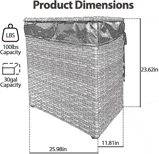 Laundry Hamper Wicker With Lid and Wheels, Collapsible Rattan Clothes Hamper 29 Gal (110 L) Removable Linerdouble Laundry Basket Handwoven for Clothes Storage in Bedroom(Gray)