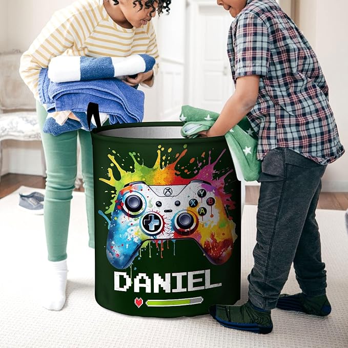 callie Personalized Game Hamper Laundry Basket Toy Storage for Boys, Waterproof Collapsible Dirty Clothes Bin for Kids Bedroom, Gifts for Gamer (13.8" x 16.5", 15.7" x 19.6")