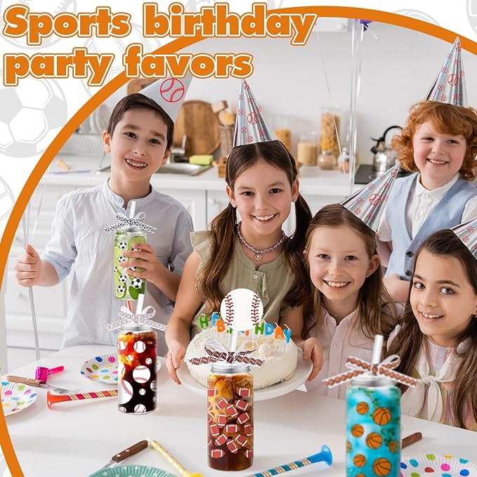 Hushee 24 Pcs 14.2 oz Sports Plastic Tumbler with Lid and Straw Basketball Football Baseball Soccer Clear Plastic Cups with 4 Sports Themed Ribbons Reusable Cups for Birthday Party Favors