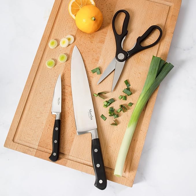 Martha Stewart Carverton 15 Piece High Carbon Stainless Steel Cutlery Kitchen Knife Block Set w/ABS Triple Riveted Forged Handle Wood Block - Black