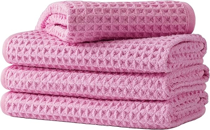 Microfiber Waffle Face Towels, 4 Pieces, Soft, Absorbent, Fast Drying, Lint Free (Pink)