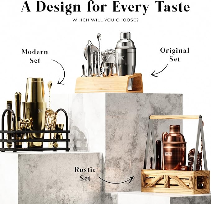 BARE BARREL® Mixology Bartender Kit Bar Set | 14-Piece Cocktail Shaker Set | Martini Barware Mixing Tools for Home Bartending | Incl. 35 Recipe Cards | Gift Set (28oz Boston Shaker, Copper/Black)