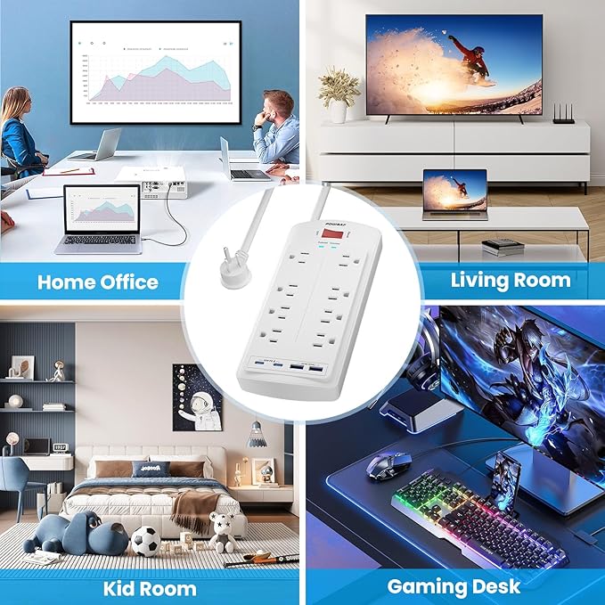 8-Outlet Surge Protector Power Strip, POWSAF 5Ft Flat Plug Extension Cord with 2 USB-C (PD 20W) Fast Charging Ports and 2 USB-A Ports for Home, Office, 2700 Joules, ETL, White