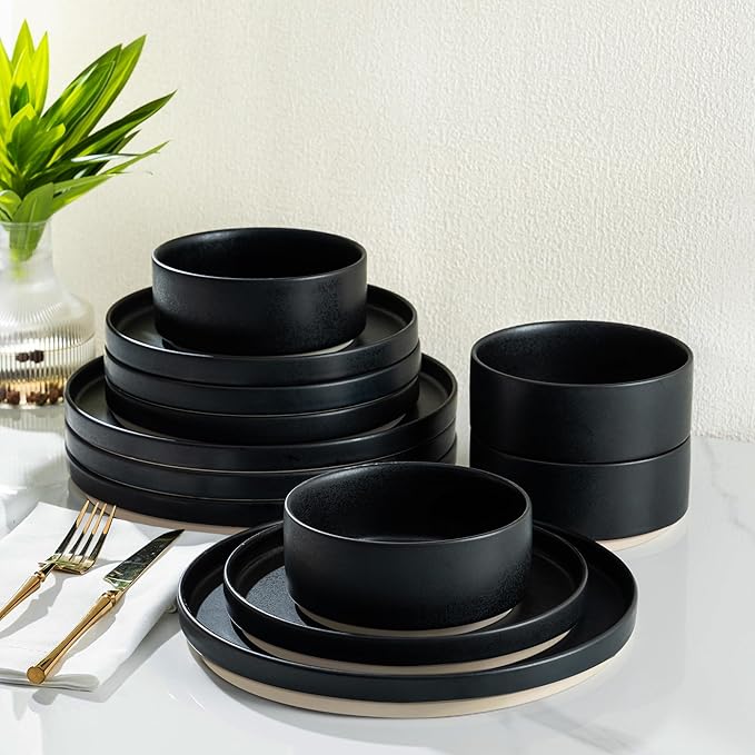 TheTerra Ceramic Dinnerware Sets for 4, 12 Pieces Handmade Reactive Glaze Plates and Bowls Set, Scratch Resistant Dish Set, Oven & Microwave & Dishwasher Safe, Matte Black