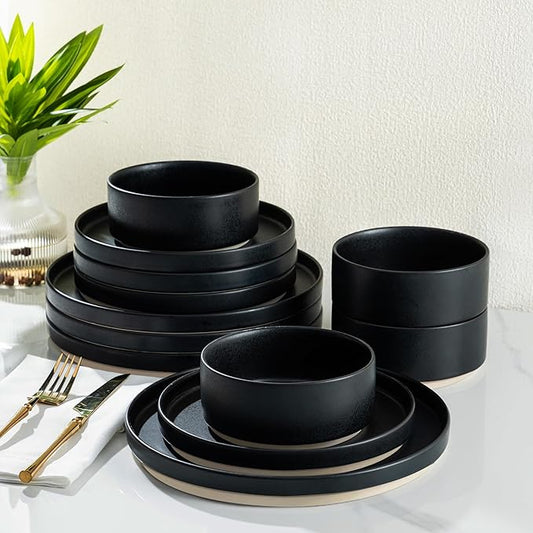 TheTerra Ceramic Dinnerware Sets for 4, 12 Pieces Handmade Reactive Glaze Plates and Bowls Set, Scratch Resistant Dish Set, Oven & Microwave & Dishwasher Safe, Matte Black