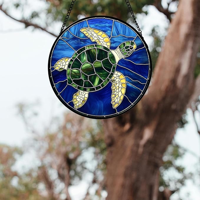 Stained Glass Window Hanging 4 Pcs Set Blue Ocean Turtle Dolphin 9.8" - Marine Life Suncatcher Garden Sun Catcher Decor Birthday Mother's Day for Mom Woman Nana Men