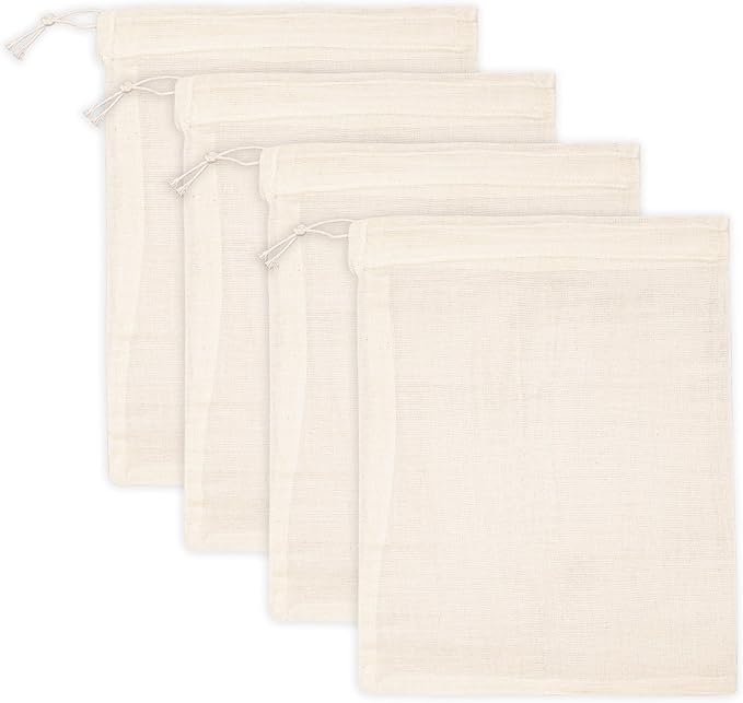 PurpleEssences Empty Spice Bags for Cooking Soup - Natural Unbleached Cotton Muslin Drawstring Cheesecloth Bags for Tea, Herbs, Bone Broth, Cold Brew & Straining - Natural (4, 12 x 14 Inch)