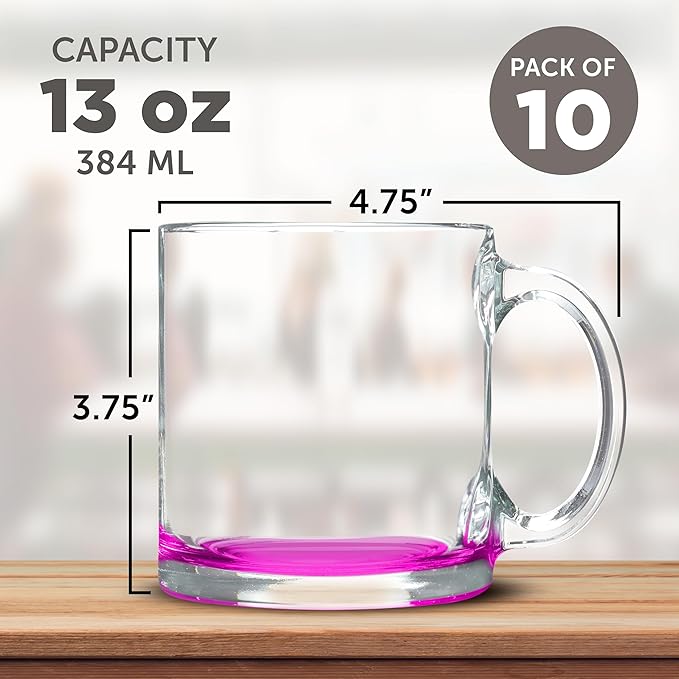 Libbey Clear Glass Coffee Mugs 13 oz. Set of 10, Bulk Pack - Perfect for Coffee, Tea, Espresso, Hot Cocoa, Other Beverages - Pink Bottom
