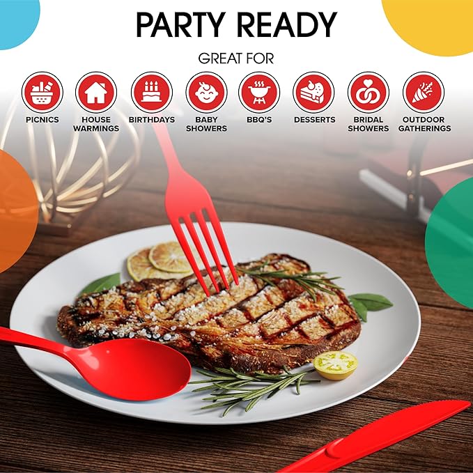 Party Solids Red Plastic Silverware Heavy Duty 150 Pieces Red Disposable Silverware Heavy Duty, Utensil Sets, 50 Of Each Forks, Knives & Spoons Disposable Cutlery Set For Party Supplies